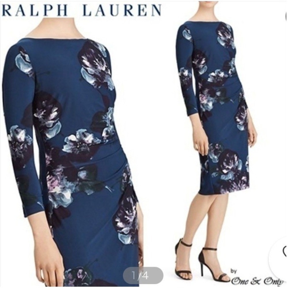 Lauren Ralph Lauren Navy Blue Floral Ruched Sheath Dress 3/4 Sleeve Size 4